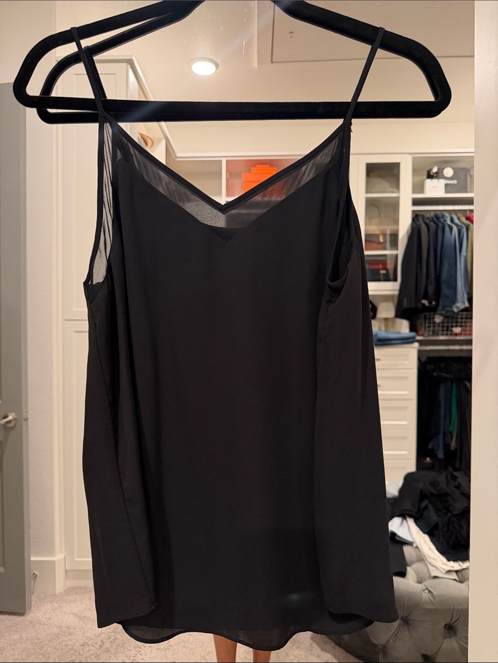 1. State Black V-Neck Mesh-Trim Spaghetti Strap Camisole